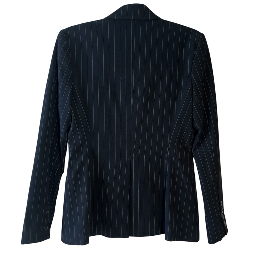 Norma Kamali Classic Timeless Black W Blue Pinstripe Single Button Blazer SZ 4 - Picture 2 of 11